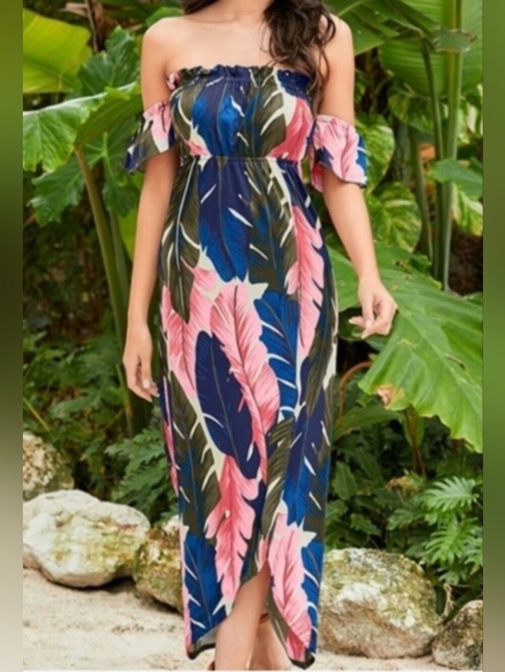 Venus Off-Shoulder Tropical Print Maxi Dress - Medium